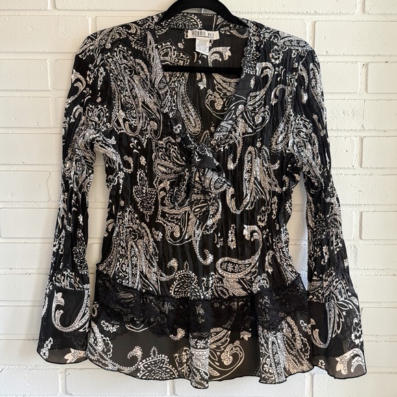 Robbie Bee Tops - Robbie Bee Paisley Tie Neck Blouse Ruffle Peplum Sheer Boho L